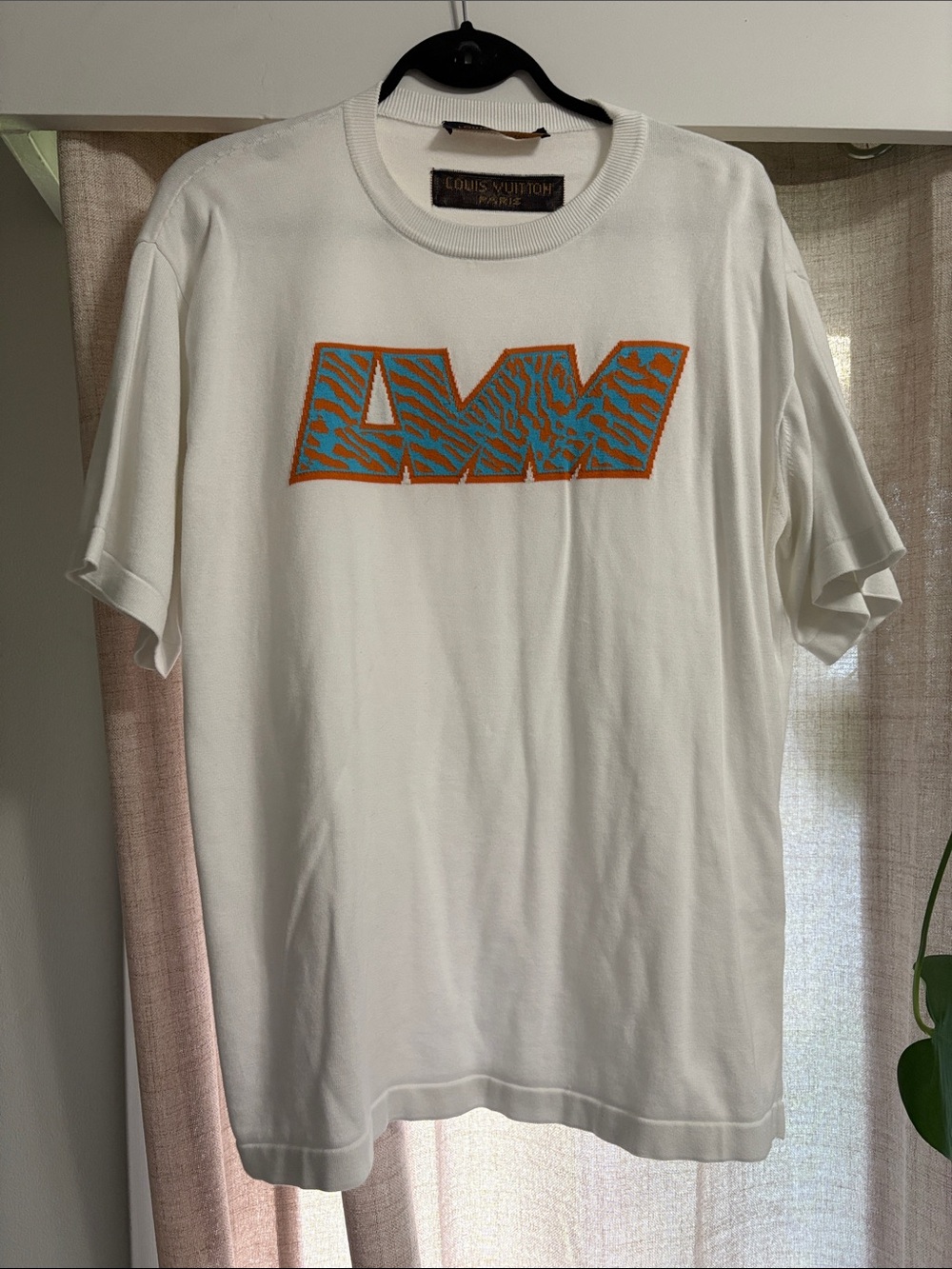 Louis Vuitton White Short-Sleeve Cotton Tee with Blue and Orange Graphic